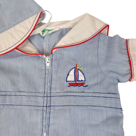 VTG Tiny Tots Original Light Blue/White Striped 3-6M Baby Romper/Jumpsuit + Hat - Picture 2 of 15